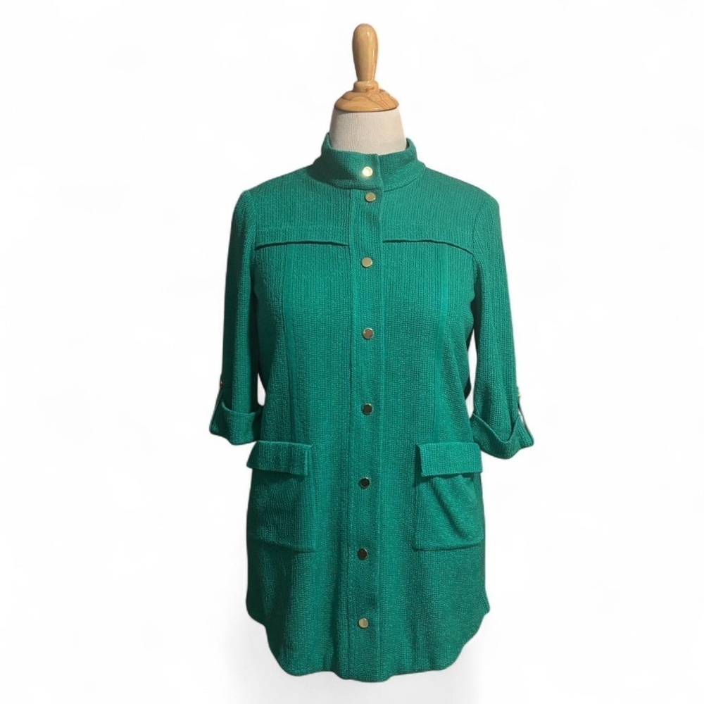 Misook Petite Medium Heritage Green Stand Collar Knit Jacket Zip Gold Snaps